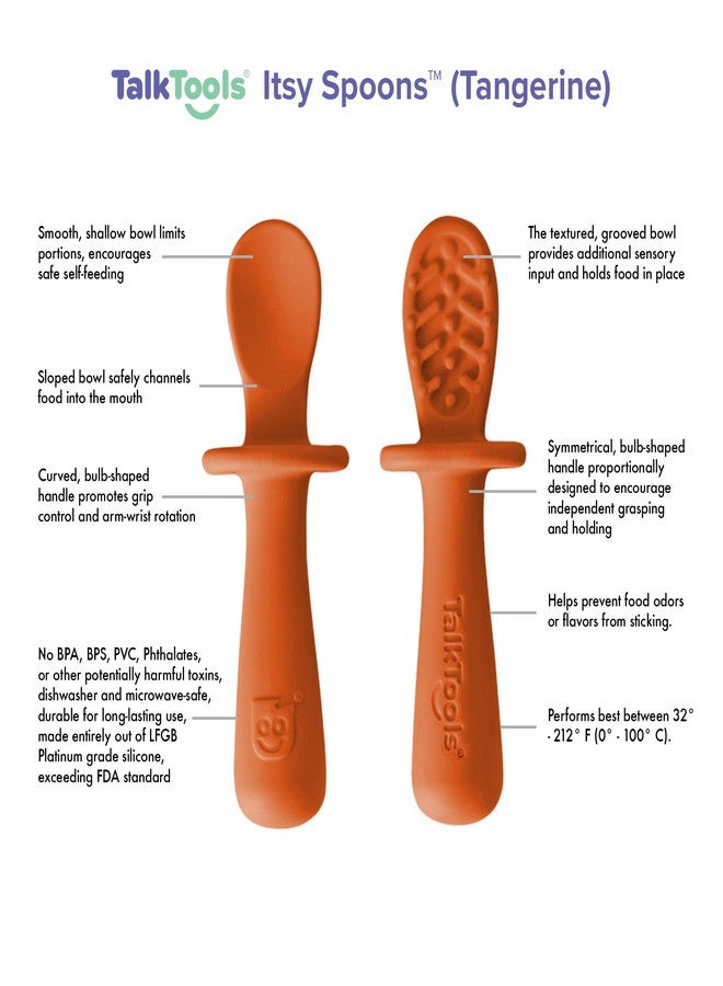 TalkTools ITSY Tiny Silicone Spoons – Twin Pack Soft Silicone Self-Feeding Training Spoons for Kids & Toddlers, Anti-Choking Flange Guard and Non-Slip Handle (Tangerine) - Image 2